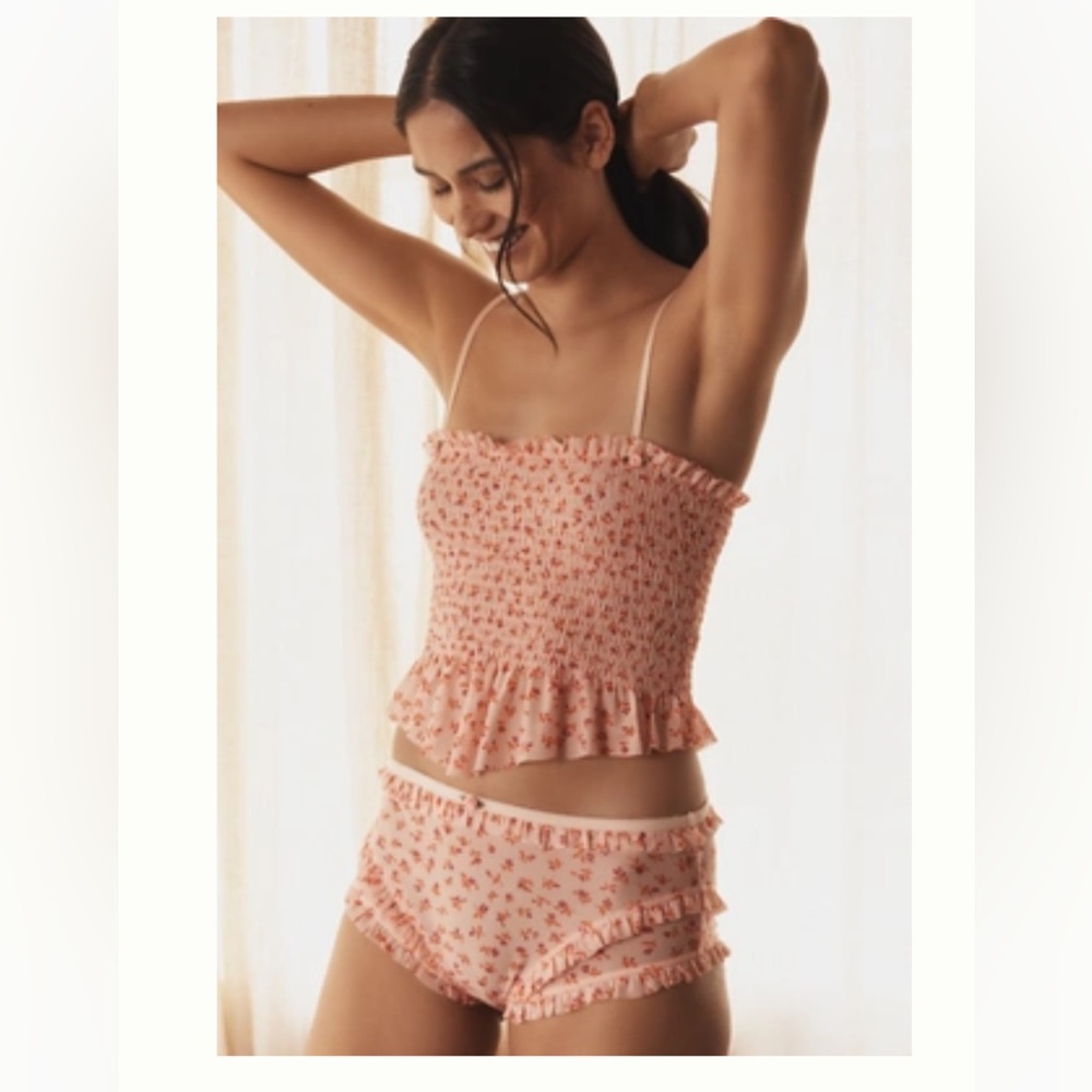 NWT two piece set By Anthropologie Floral Ruffle Trim Sleepwear in Pink